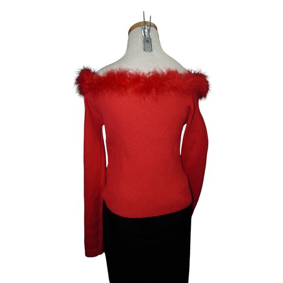 Paprika Red Feather Trim Off-Shoulder Sweater Top – Size L (Y2K Bardot) - Picture 7 of 11